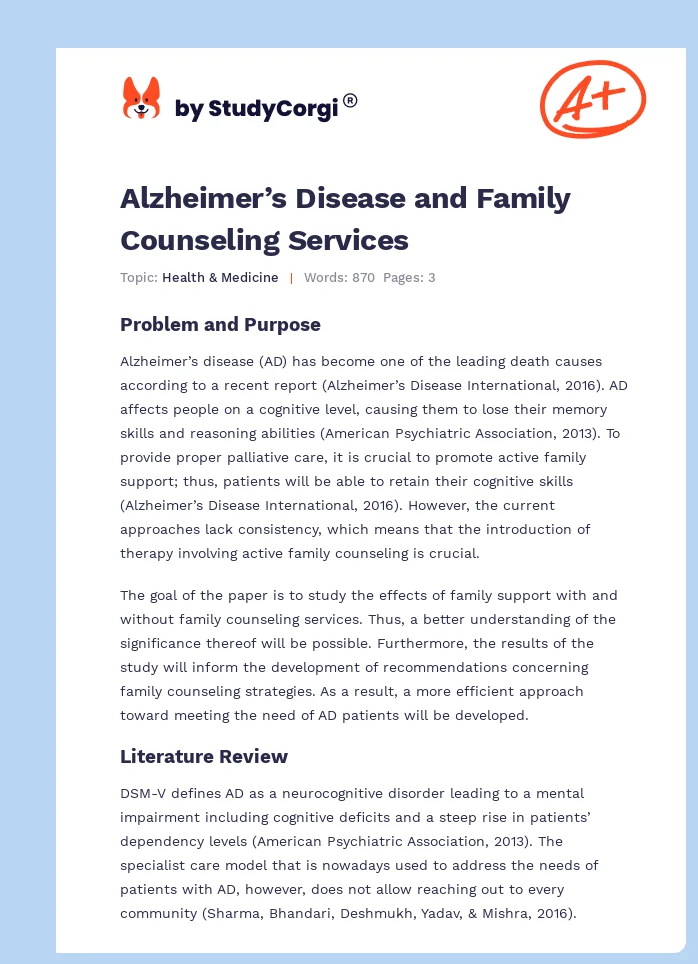 Alzheimer’s Disease and Family Counseling Services. Page 1