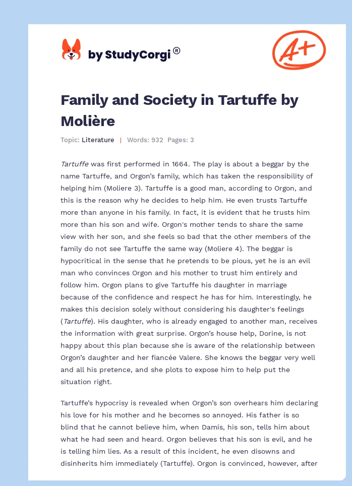 Family and Society in Tartuffe by Molière. Page 1