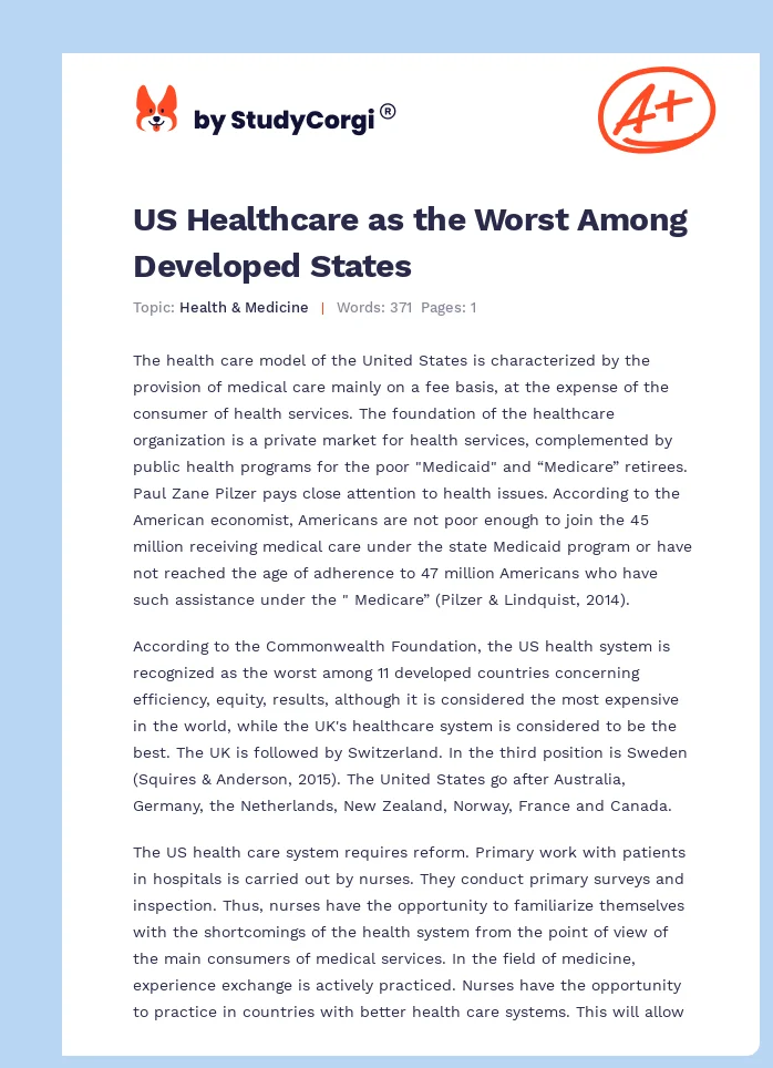 US Healthcare as the Worst Among Developed States. Page 1