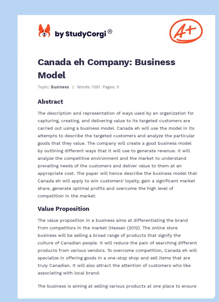 Canada eh Company: Business Model. Page 1