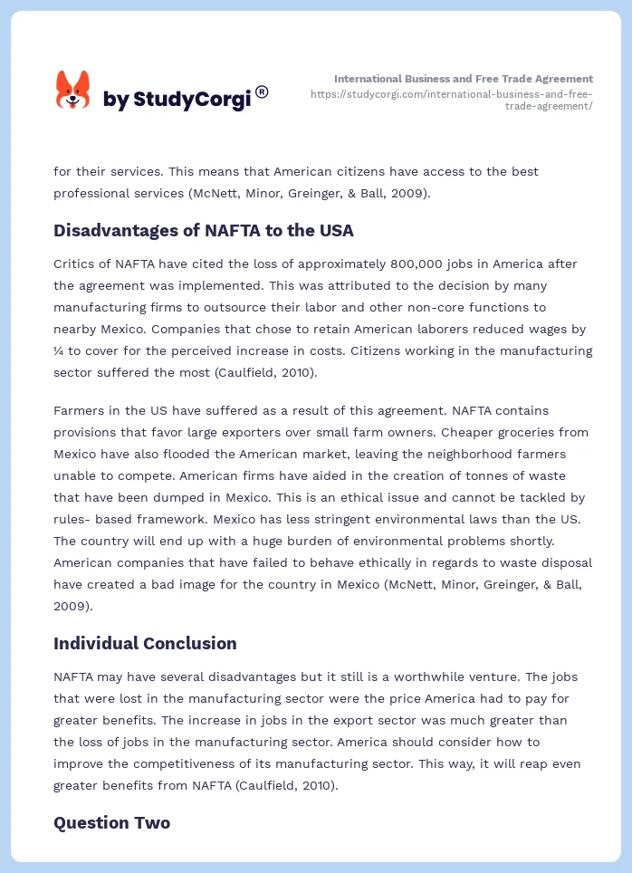 International Business and Free Trade Agreement. Page 2