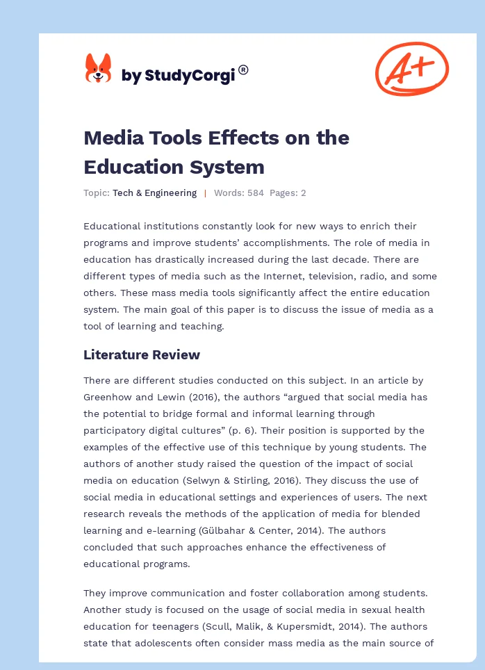 Media Tools Effects on the Education System. Page 1