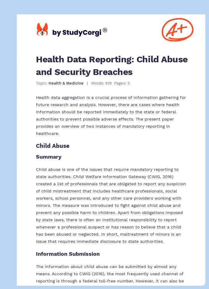 Health Data Reporting: Child Abuse and Security Breaches. Page 1