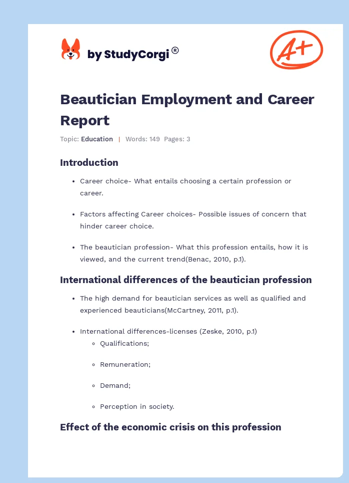Beautician Employment and Career Report. Page 1