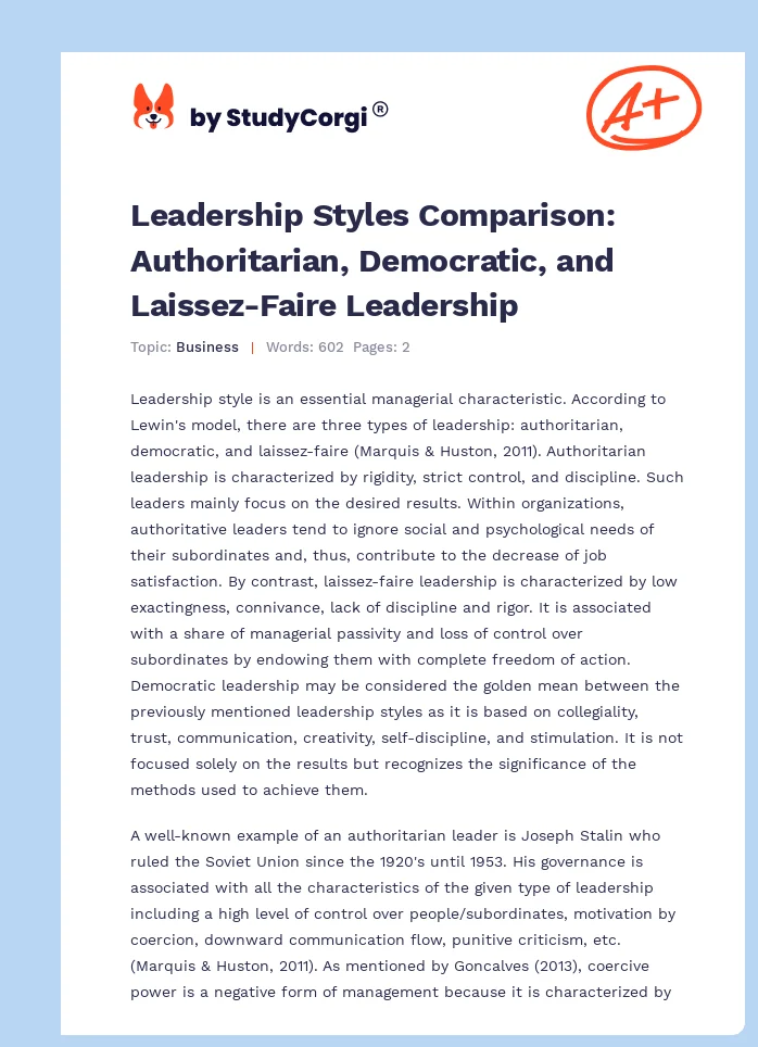 Leadership Styles Comparison: Authoritarian, Democratic, and Laissez-Faire Leadership. Page 1