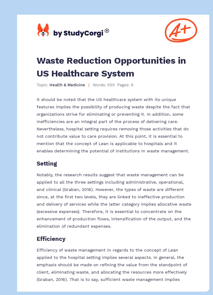 Waste Reduction Opportunities in US Healthcare System. Page 1