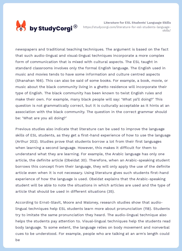 Literature for ESL Students' Language Skills. Page 2