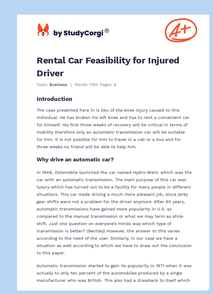 Rental Car Feasibility for Injured Driver. Page 1