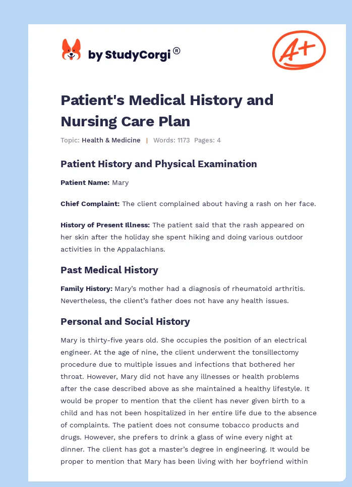 Patient's Medical History and Nursing Care Plan. Page 1