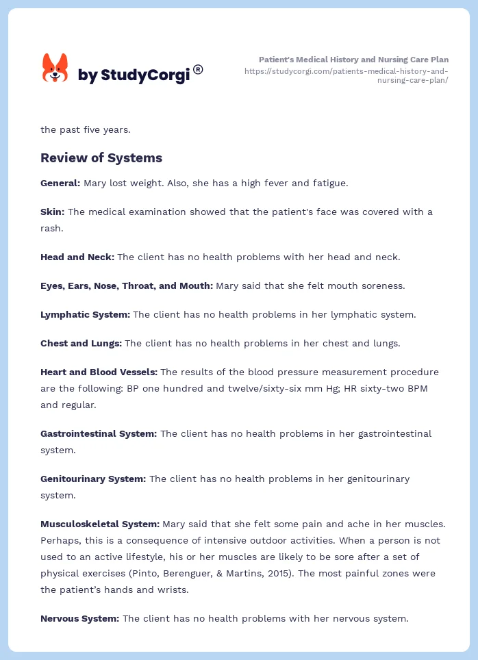 Patient's Medical History and Nursing Care Plan. Page 2