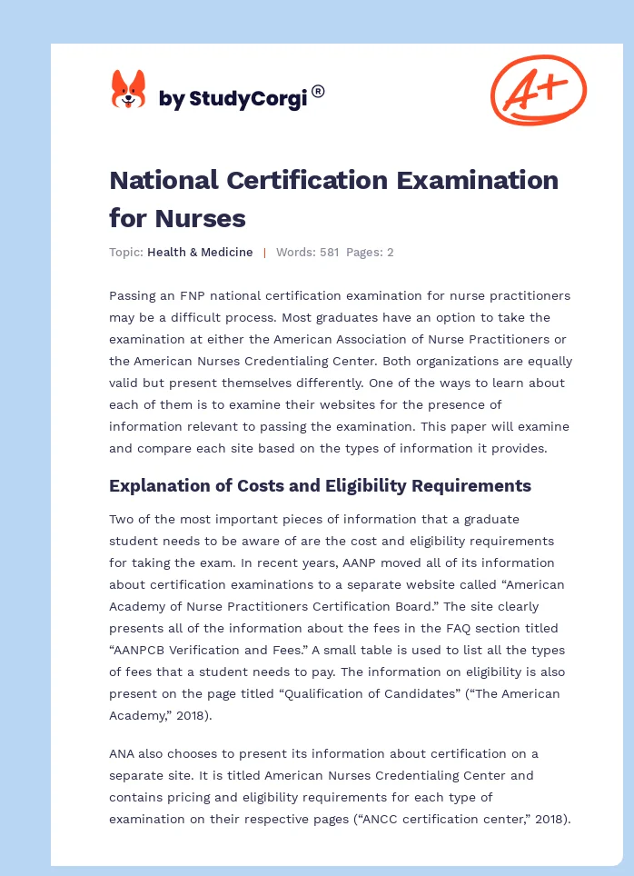 National Certification Examination for Nurses. Page 1