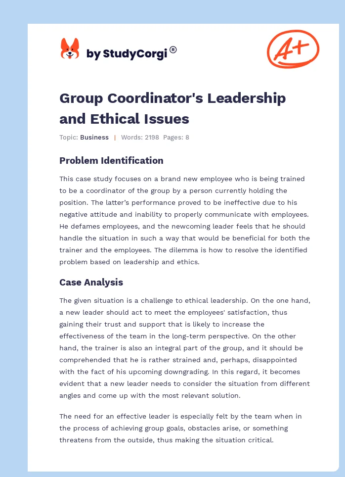 Group Coordinator's Leadership and Ethical Issues. Page 1