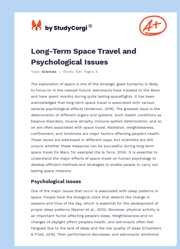 Long-Term Space Travel and Psychological Issues. Page 1