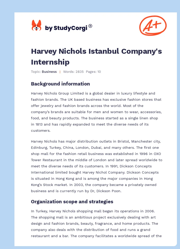 Harvey Nichols Istanbul Company's Internship. Page 1