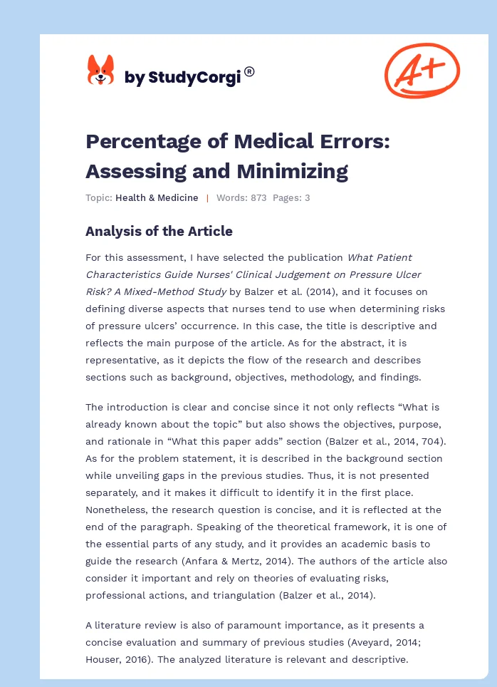 Percentage of Medical Errors: Assessing and Minimizing. Page 1