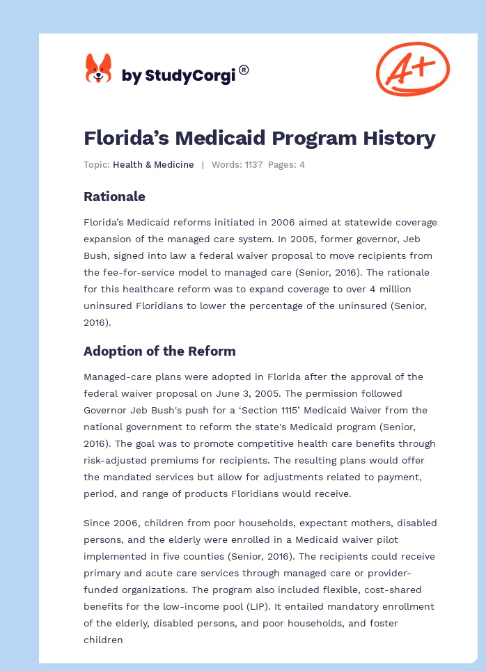 Florida’s Medicaid Program History. Page 1