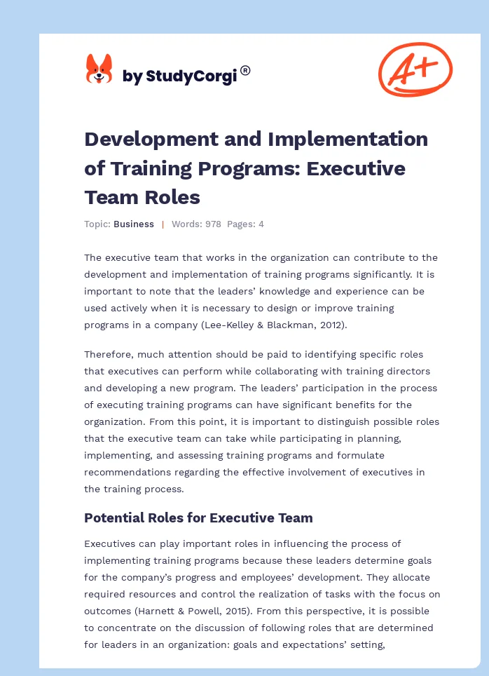 Development and Implementation of Training Programs: Executive Team Roles. Page 1