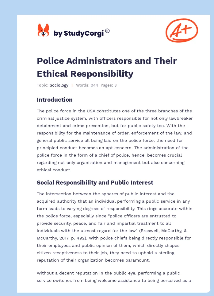 Police Administrators and Their Ethical Responsibility. Page 1