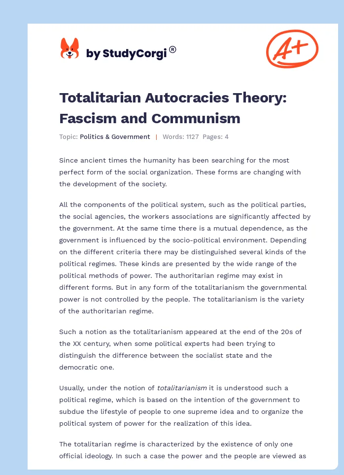 Totalitarian Autocracies Theory: Fascism and Communism. Page 1