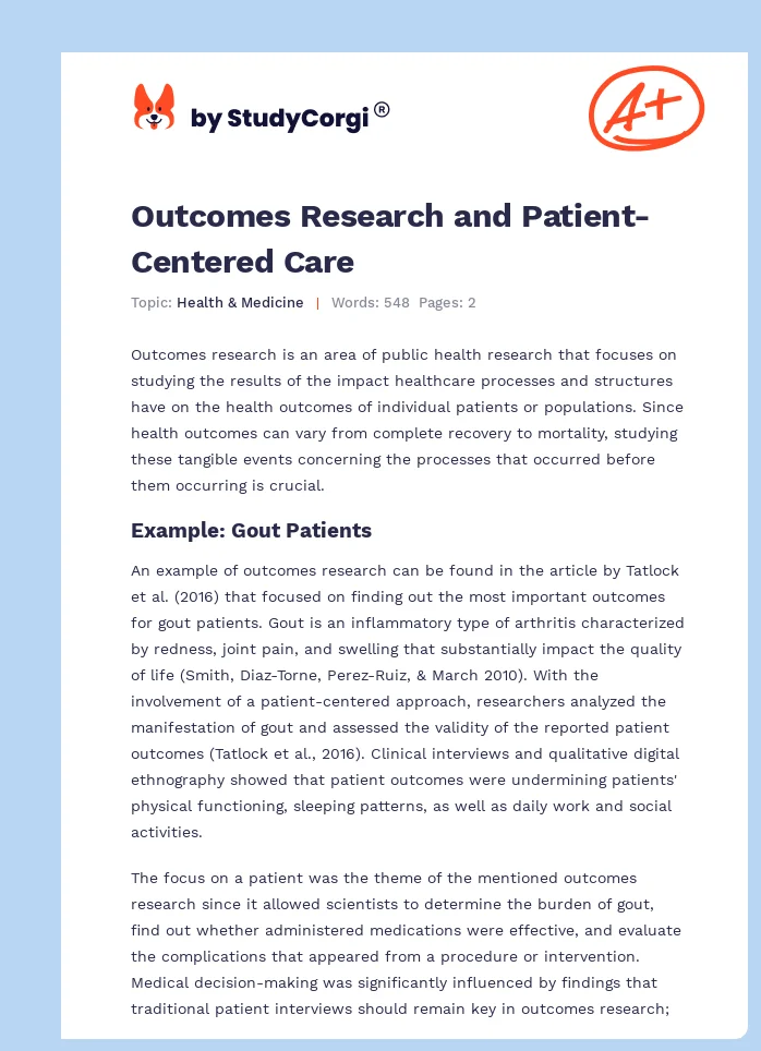 Outcomes Research and Patient-Centered Care. Page 1