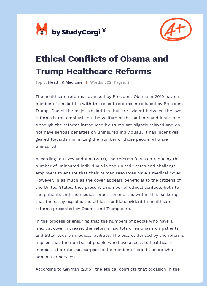 Ethical Conflicts of Obama and Trump Healthcare Reforms. Page 1