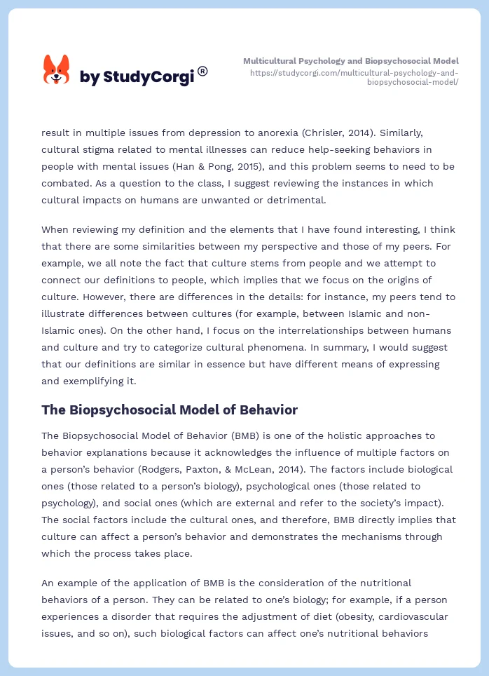 Multicultural Psychology and Biopsychosocial Model. Page 2