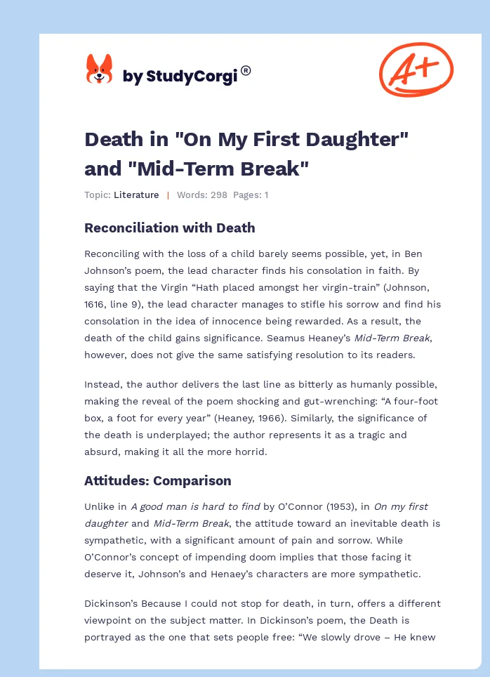Death in "On My First Daughter" and "Mid-Term Break". Page 1