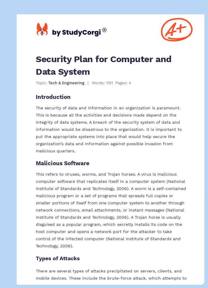 Security Plan for Computer and Data System. Page 1