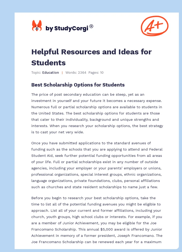 Helpful Resources and Ideas for Students. Page 1
