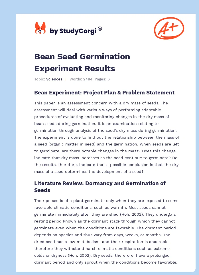 Bean Seed Germination Experiment Results. Page 1