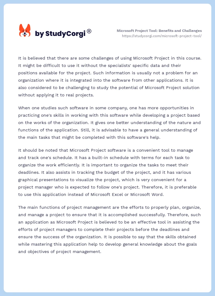 Microsoft Project Tool: Benefits and Challenges. Page 2