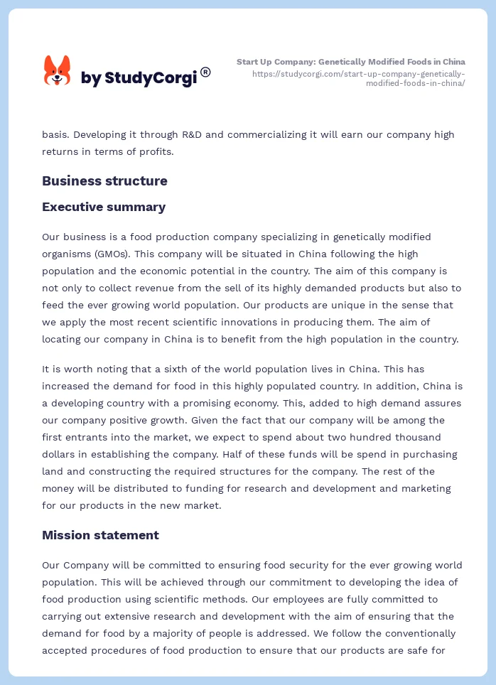 Start Up Company: Genetically Modified Foods in China. Page 2