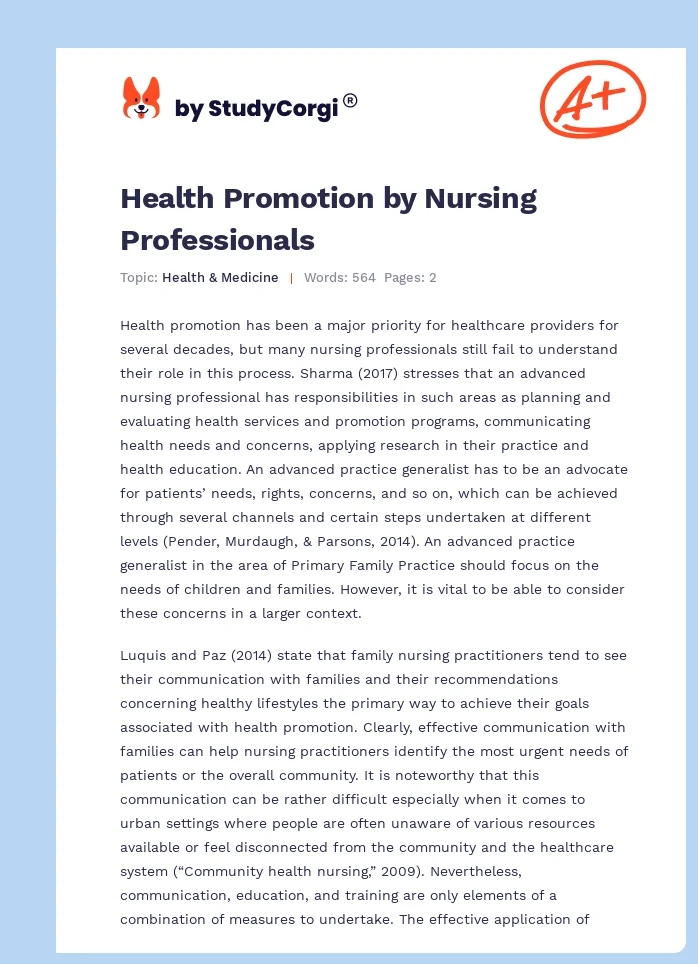 Health Promotion by Nursing Professionals. Page 1