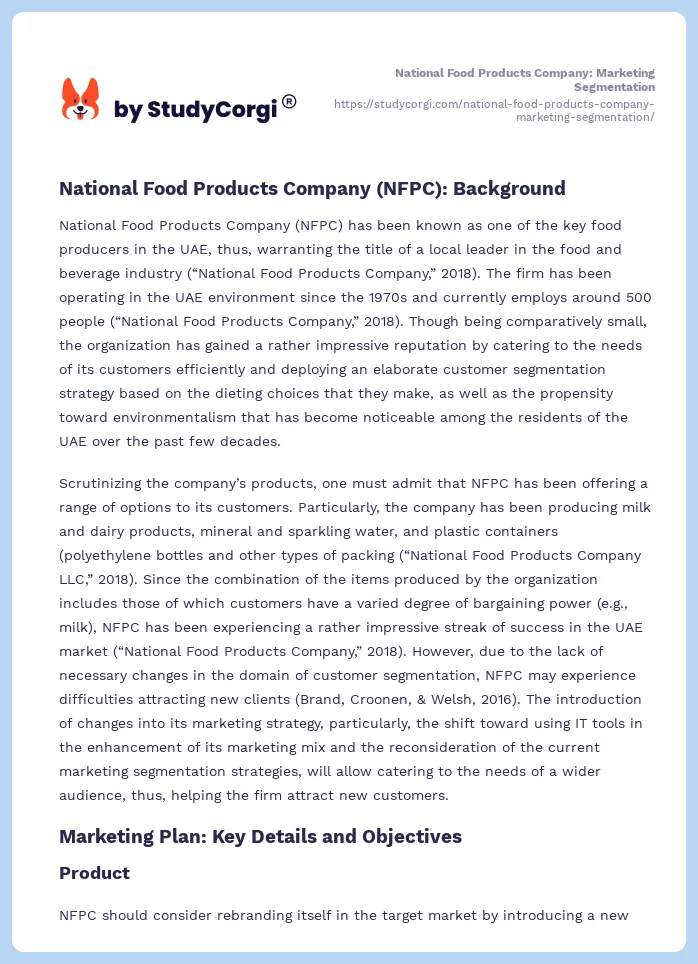 National Food Products Company: Marketing Segmentation. Page 2