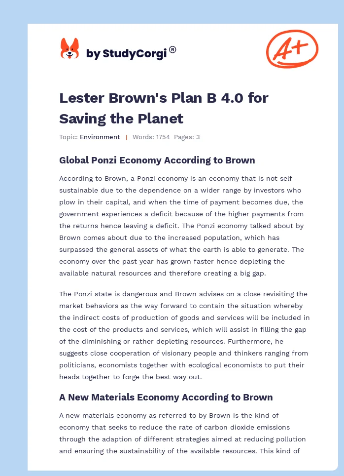 Lester Brown's Plan B 4.0 for Saving the Planet. Page 1