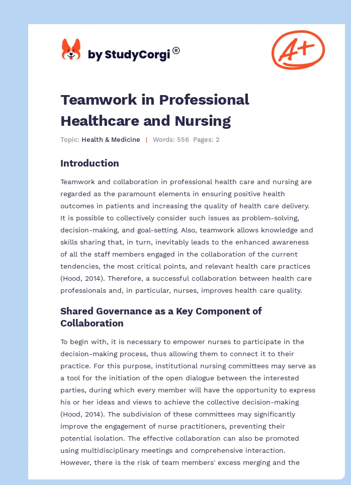 Teamwork in Professional Healthcare and Nursing. Page 1