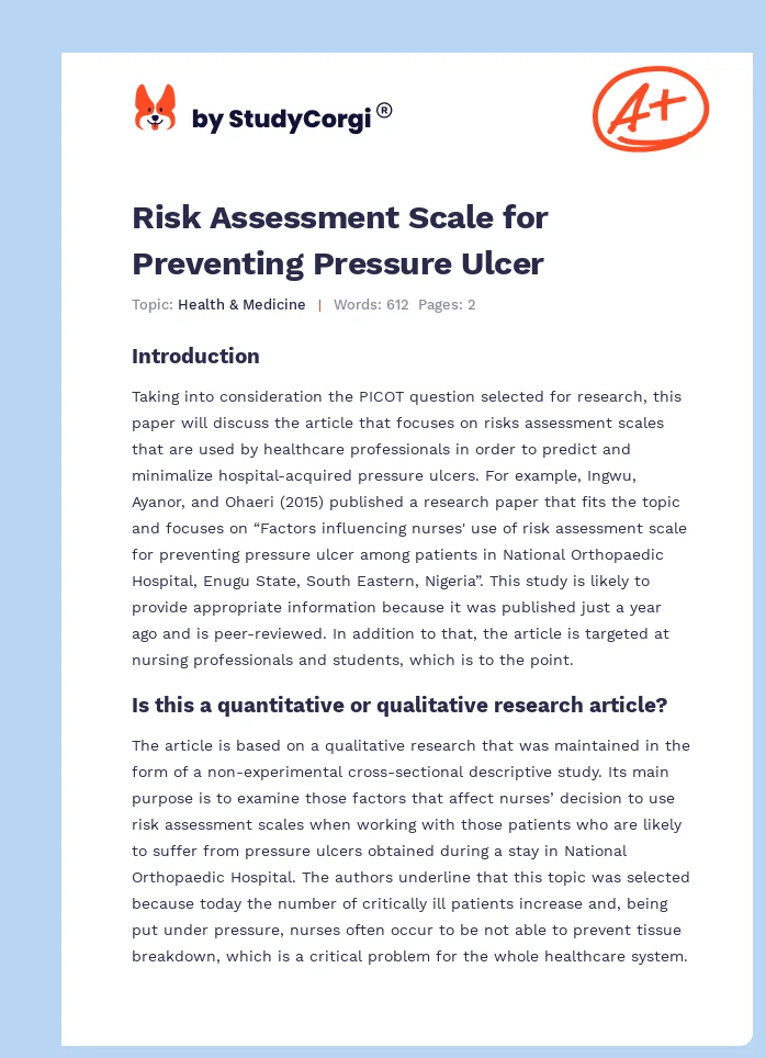 Risk Assessment Scale for Preventing Pressure Ulcer. Page 1