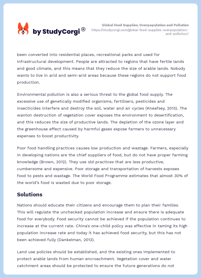 Global Food Supplies, Overpopulation and Pollution. Page 2
