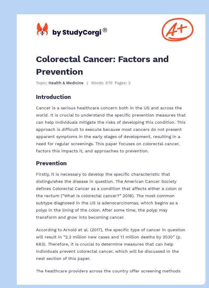 Colorectal Cancer: Factors and Prevention. Page 1