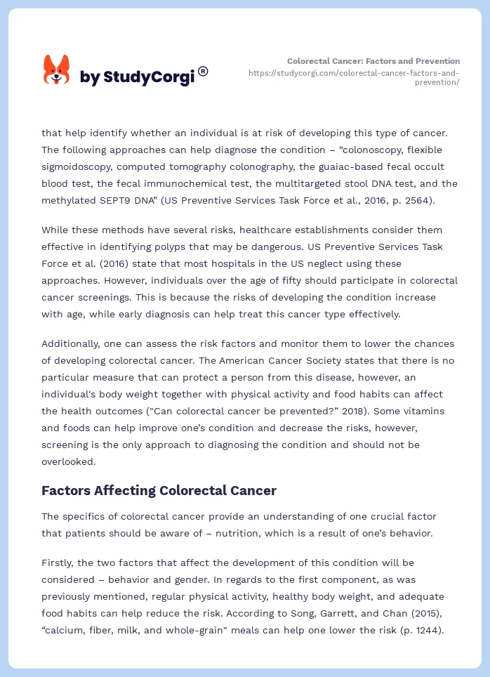 Colorectal Cancer: Factors and Prevention. Page 2