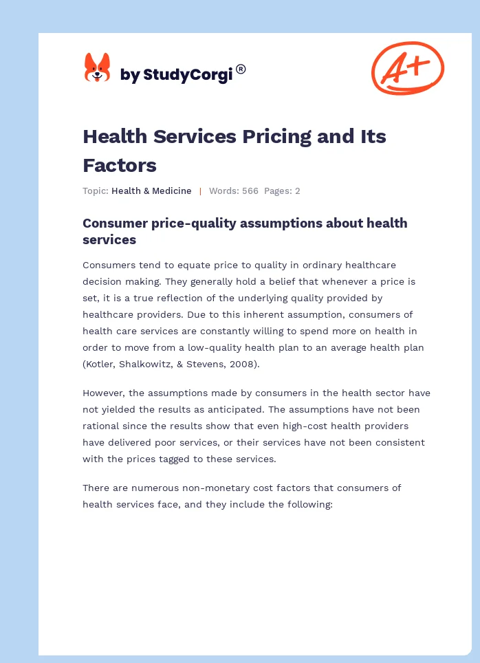 Health Services Pricing and Its Factors. Page 1
