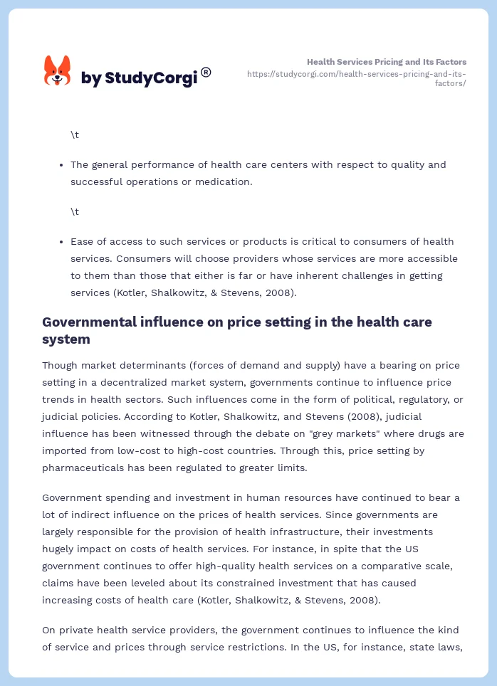Health Services Pricing and Its Factors. Page 2