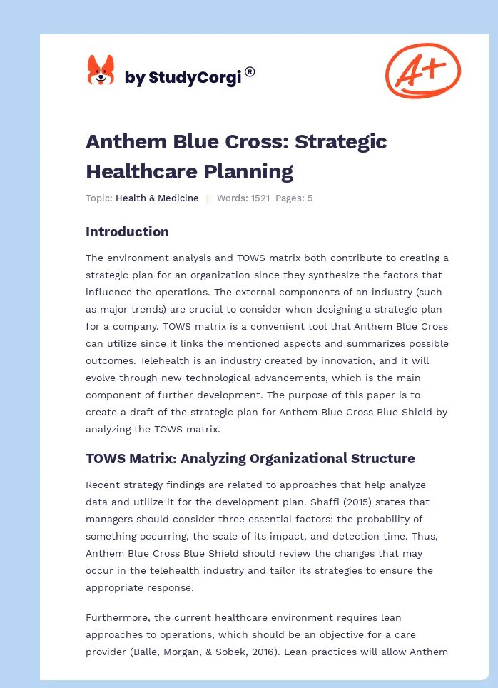 Anthem Blue Cross: Strategic Healthcare Planning. Page 1
