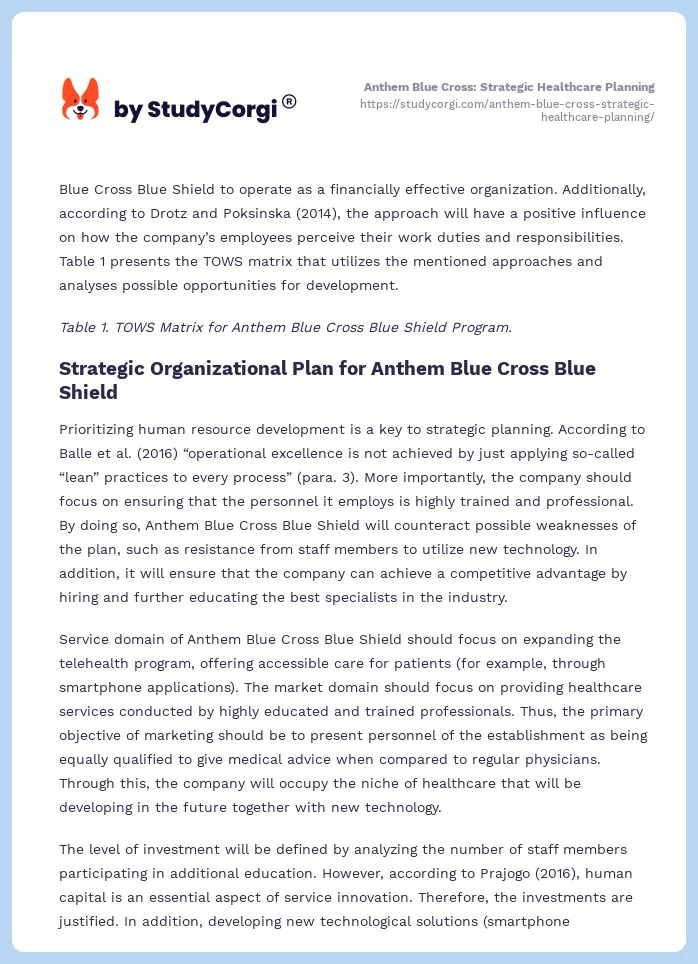 Anthem Blue Cross: Strategic Healthcare Planning. Page 2