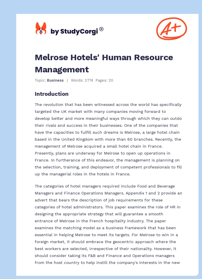 Melrose Hotels' Human Resource Management. Page 1