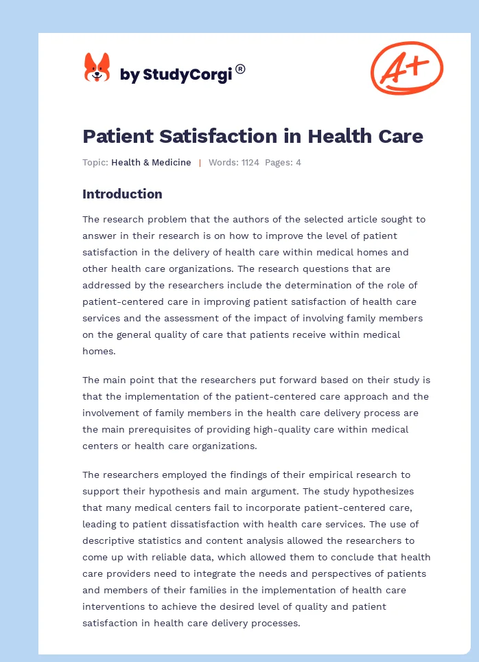 Patient Satisfaction in Health Care. Page 1