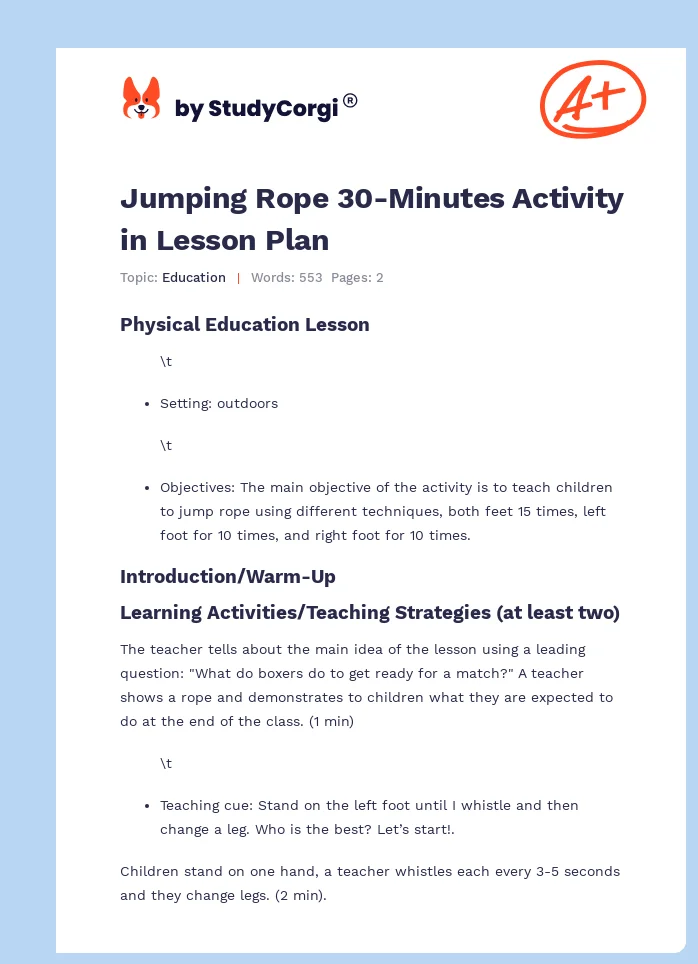 Jumping Rope 30-Minutes Activity in Lesson Plan. Page 1