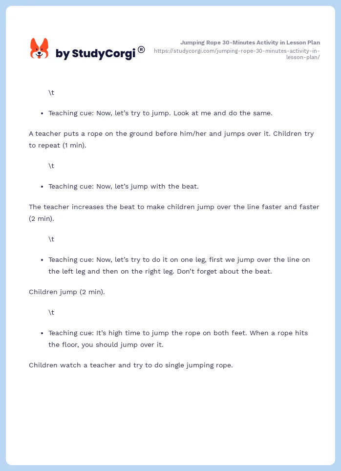 Jumping Rope 30-Minutes Activity in Lesson Plan. Page 2