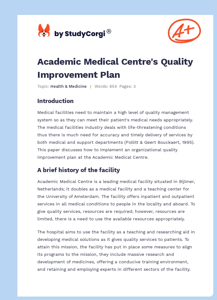 Academic Medical Centre's Quality Improvement Plan. Page 1
