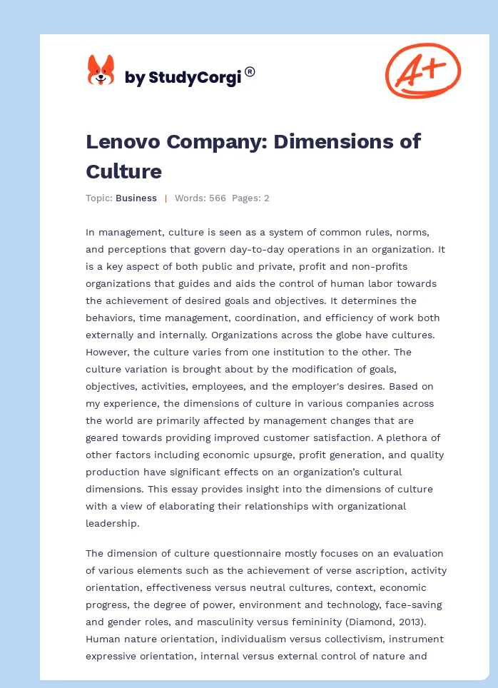 Lenovo Company: Dimensions of Culture. Page 1